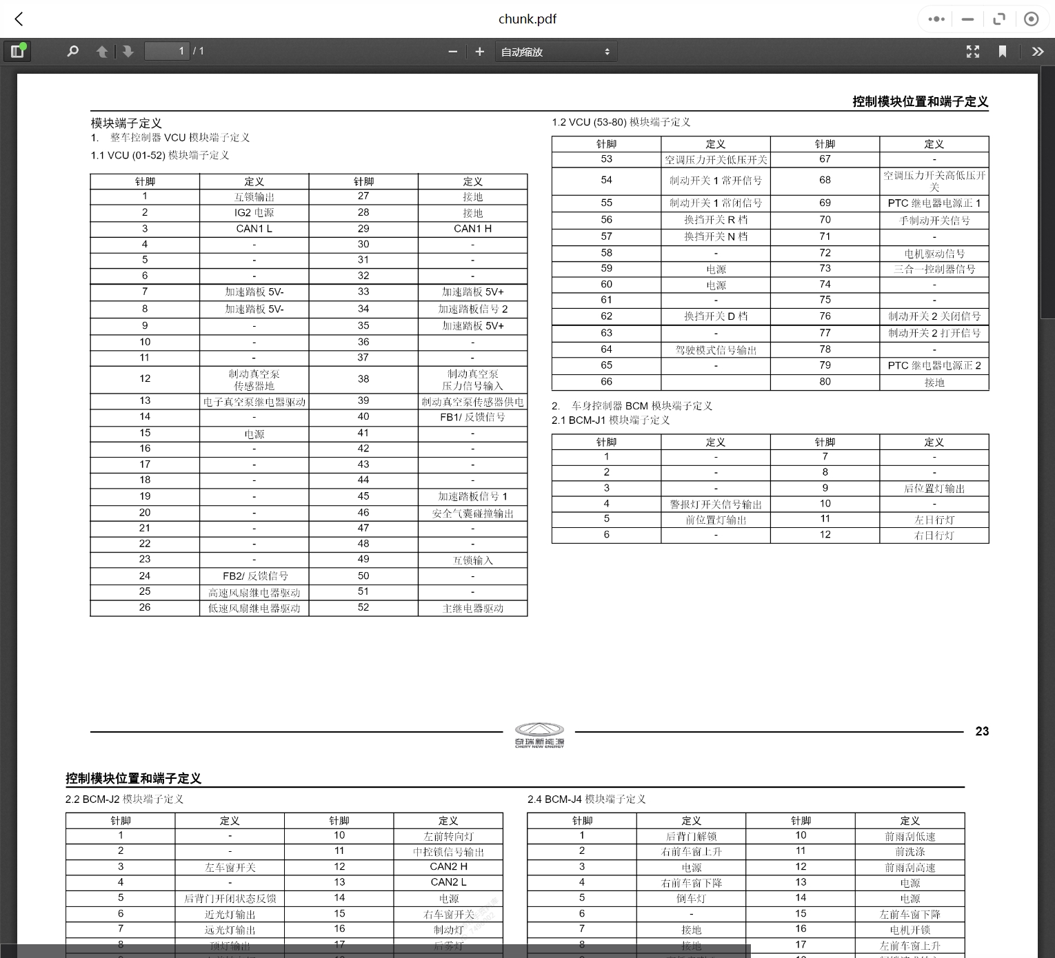 2017-2022年奇瑞新能源汽车维修手册和电路图[资料更新]